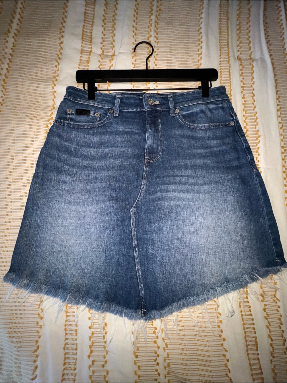 DKNY Washed Denim A-Line Midi Skirt with Frayed Hem